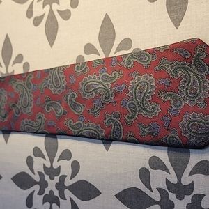 Kenneth Stevens Burgandy Silk Tie with Green, Purple, and Brown Paisleys